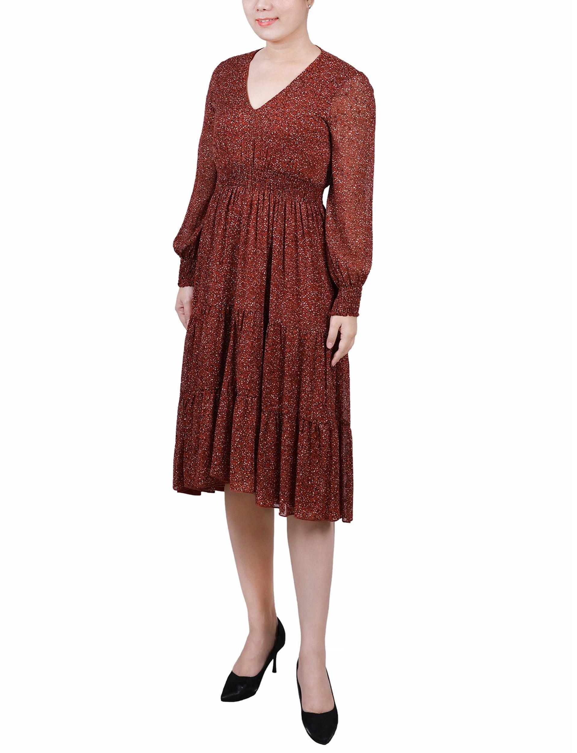 Brown Cheetah Long Sleeve Clip Dot Chiffon Dress With Smocked Waist and Cuffs Product Image