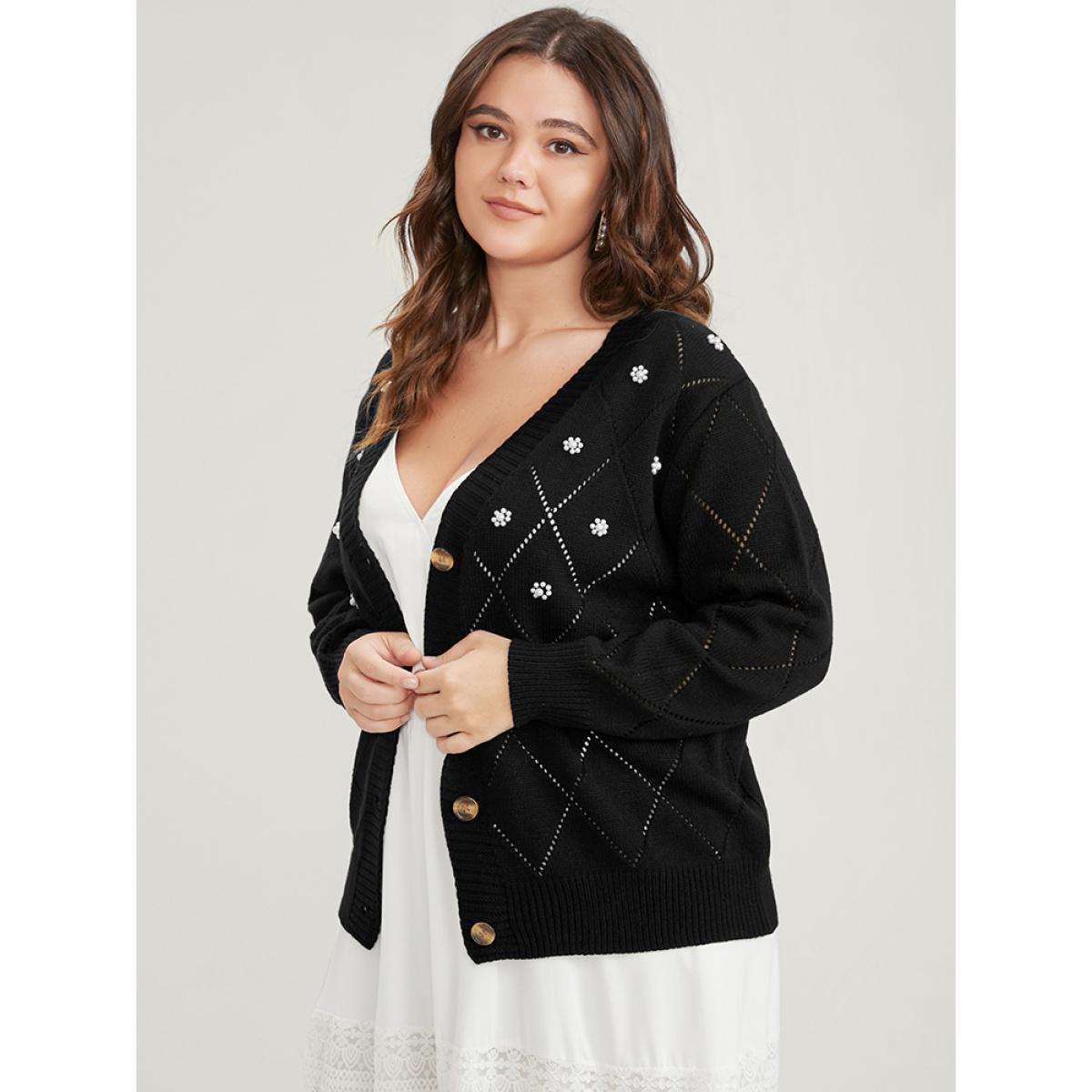 Plus Size Solid Pointelle Knit Pearl Beaded Crochet Button Front Cardigan Black Women Elegant Loose Long Sleeve Dailywear Cardigans BloomChic 28/5X Product Image