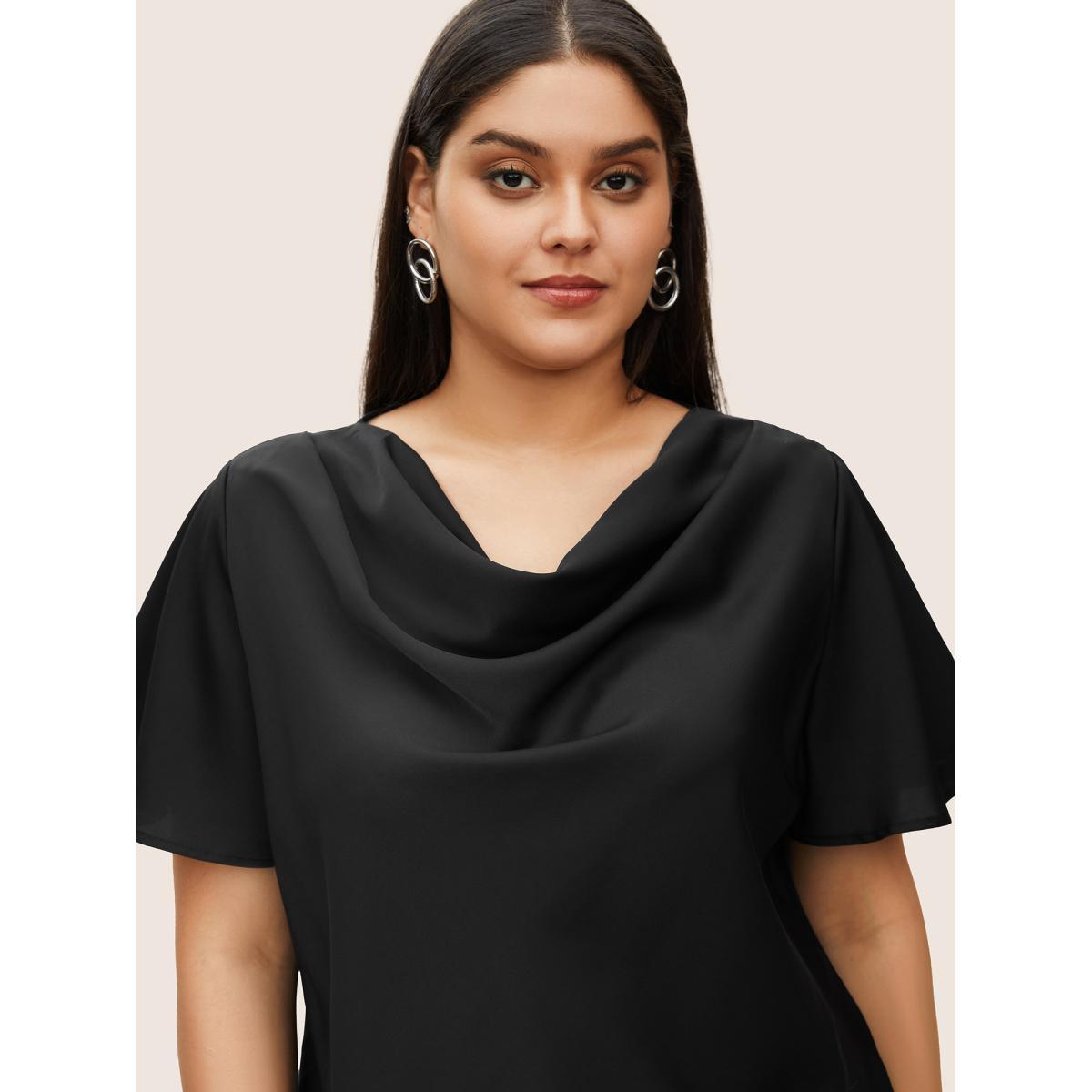 Plus Size Black Plain Cowl Neck Ruffle Sleeve Blouse Women Work From Home Short sleeve Cowl Neck Work Blouses BloomChic 26/4X Product Image