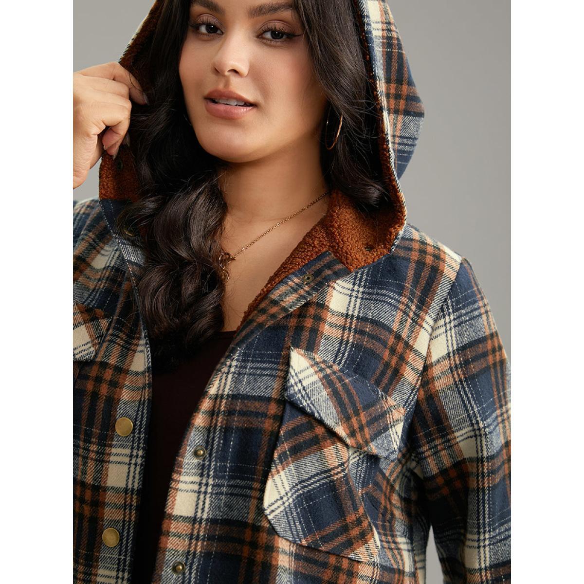 Plus Size Plaid Patchwork Pocket Button Through Hooded Coat Women Multicolor Casual Contrast Ladies Dailywear Winter Coats BloomChic 22-24/3X Product Image