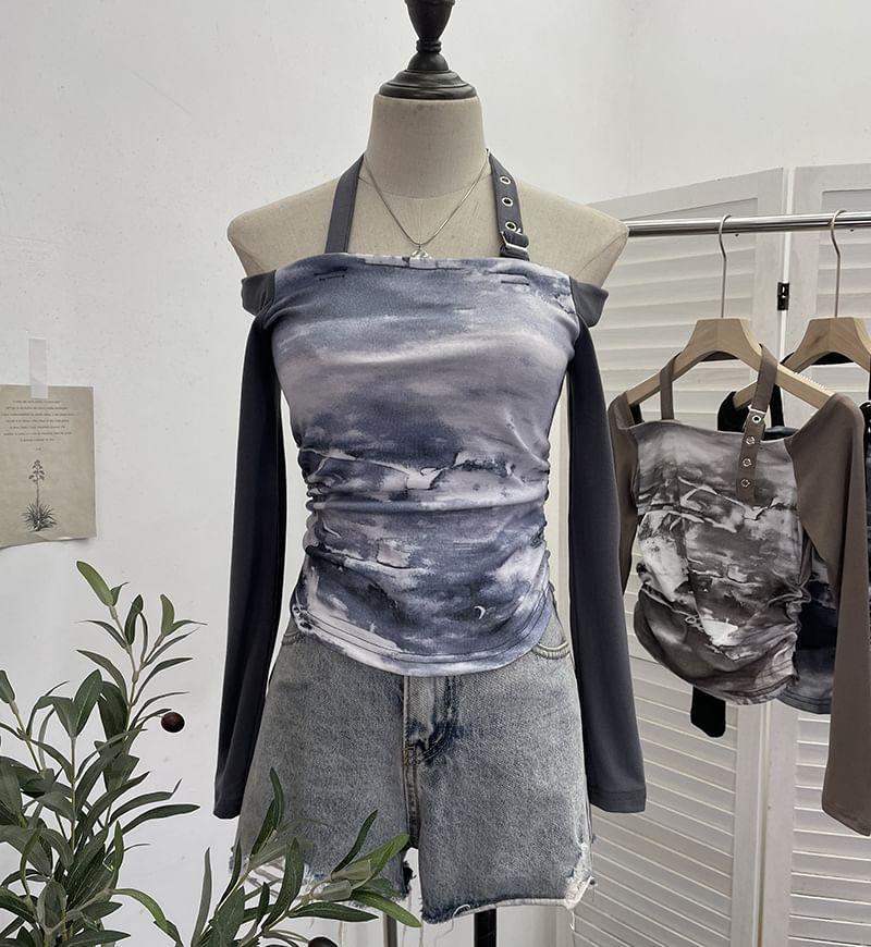 Long-Sleeve Halter Neck Tie Dye Top Product Image