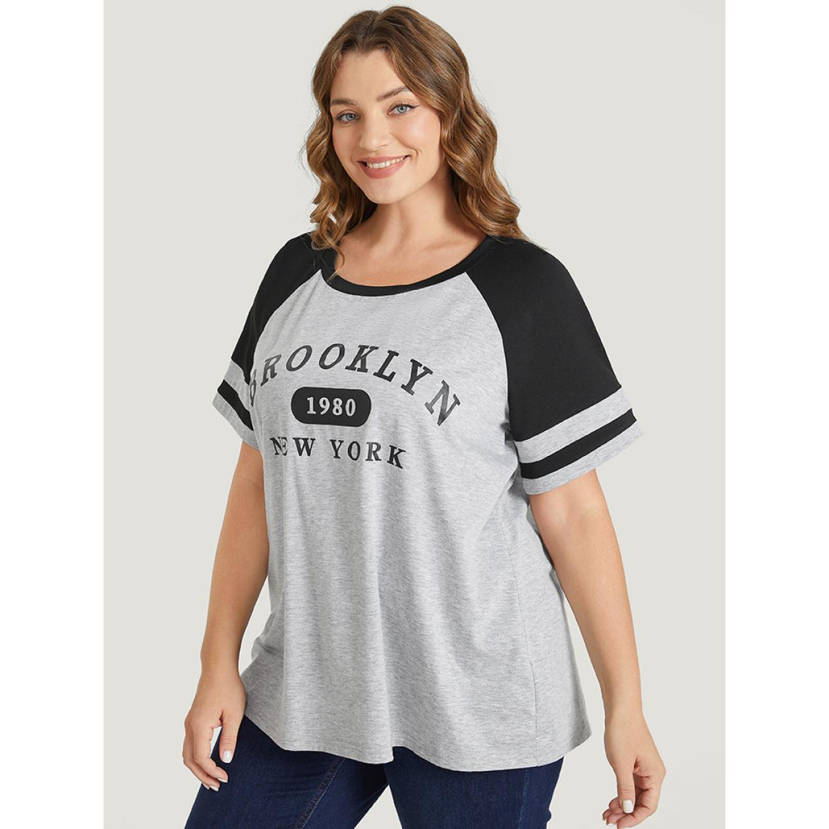 Plus Size Letter Print Contrast Raglan Sleeve Graphic Tee LightGray Women Casual Striped Dailywear T-shirts BloomChic 14-16/1X Product Image