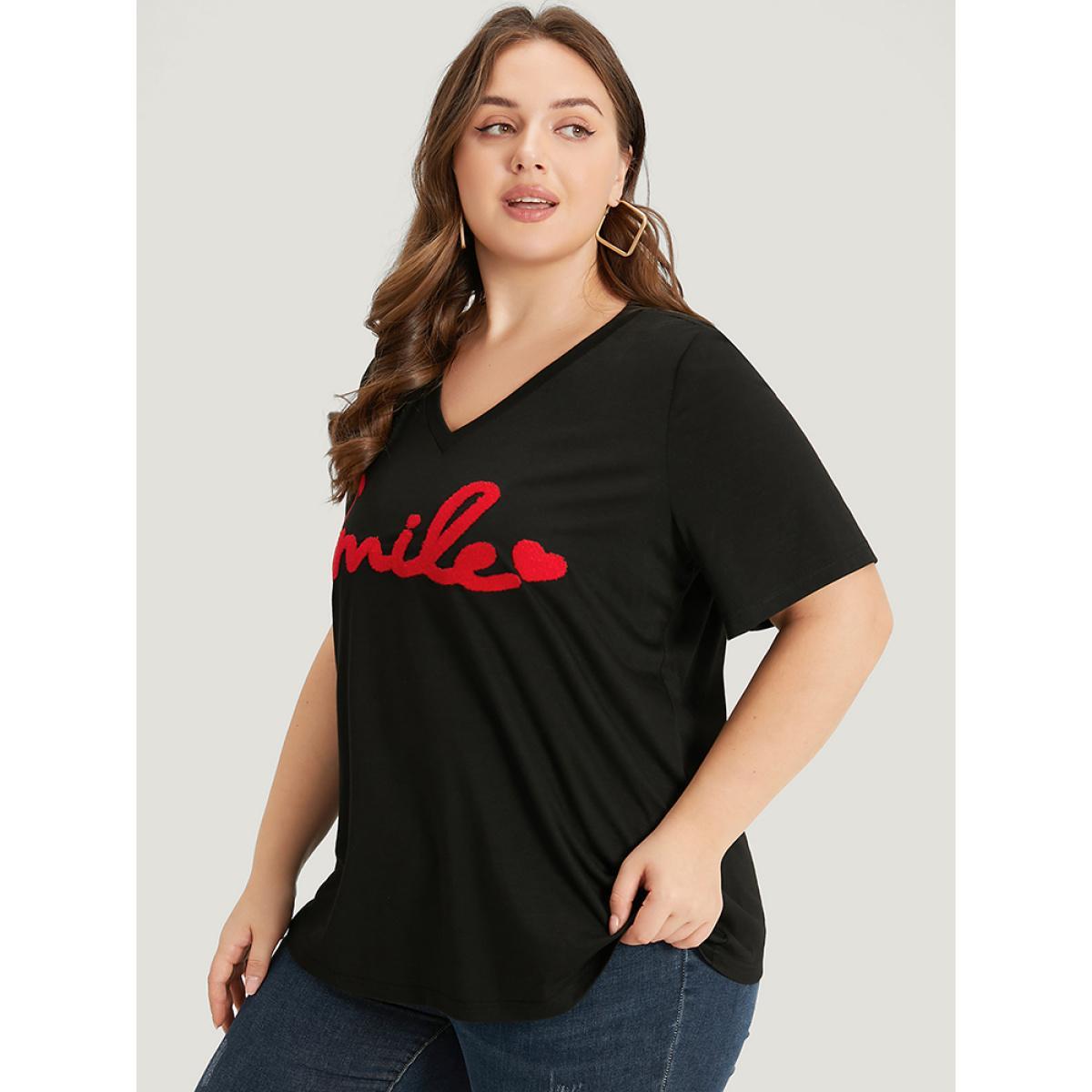 Plus Size Letter Embroidered V Neck T-shirt Black Women Casual Embroidered Letter Dailywear T-shirts BloomChic 26/4X Product Image