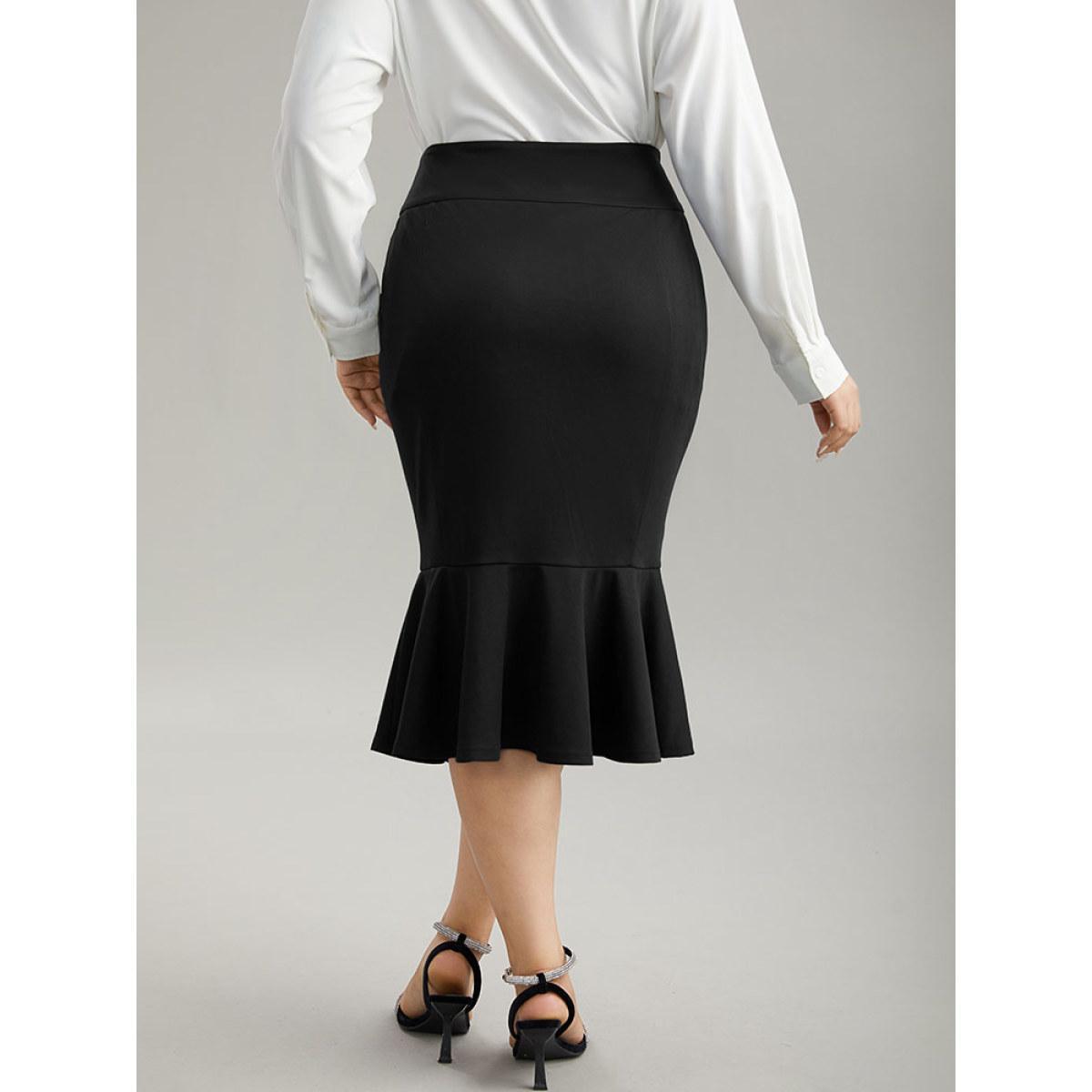 Plus Size Plain Ruffles Buckle Detail Mermaid Hem Skirt Women Black Office Style accents Bodycon Medium stretch Work Skirts BloomChic 12/L Product Image