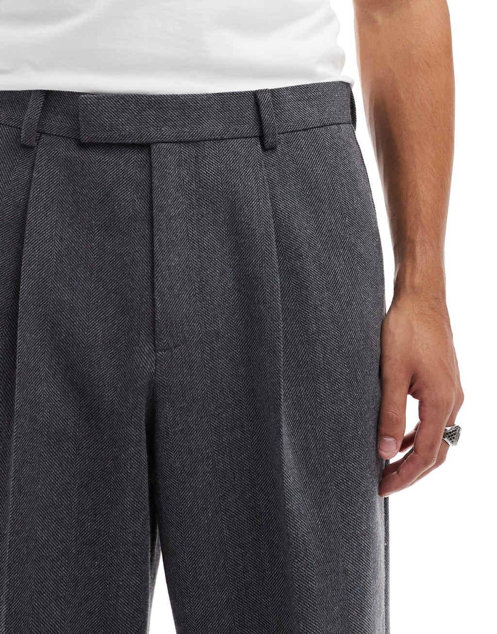 ASOS DESIGN smart wide leg pleated wool mix pants in charcoal herringbone Product Image