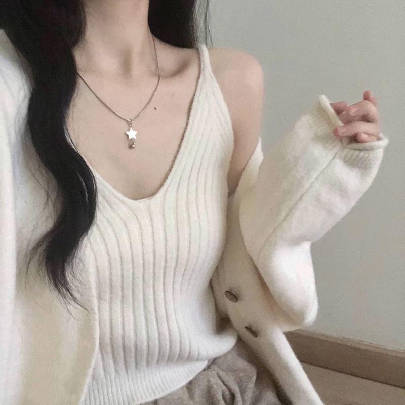 Set: V-Neck Ribbed Knit Cami Top + Cardigan Product Image