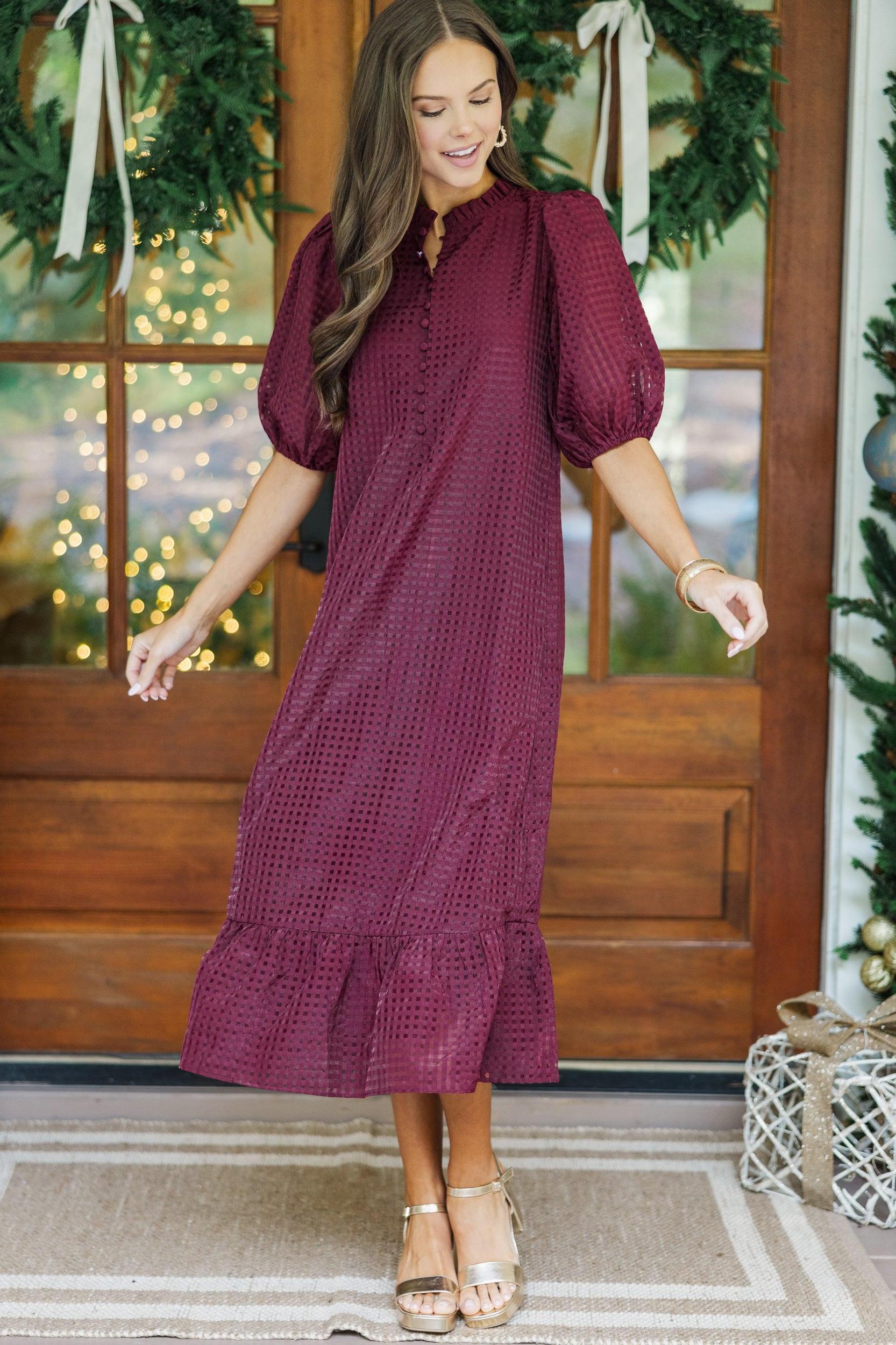 See The Light Burgundy Textured Midi Dress Female Product Image