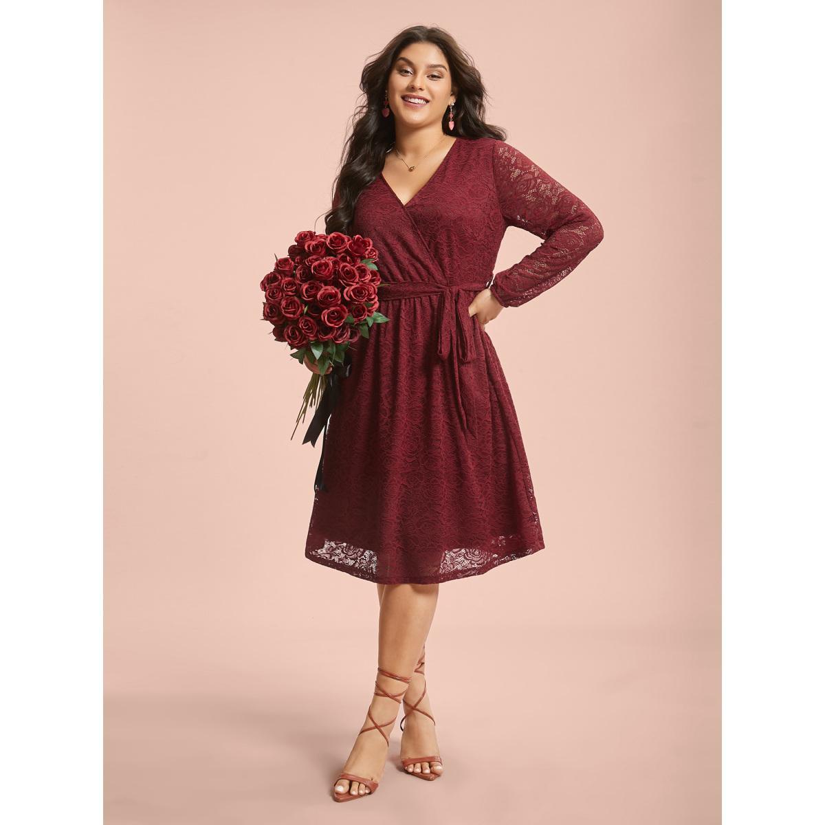 Plus Size Crochet Lace Mesh Surplice Neck Belted Dress Burgundy Women Elegant Texture Party Curvy Bloomchic 10/M Product Image