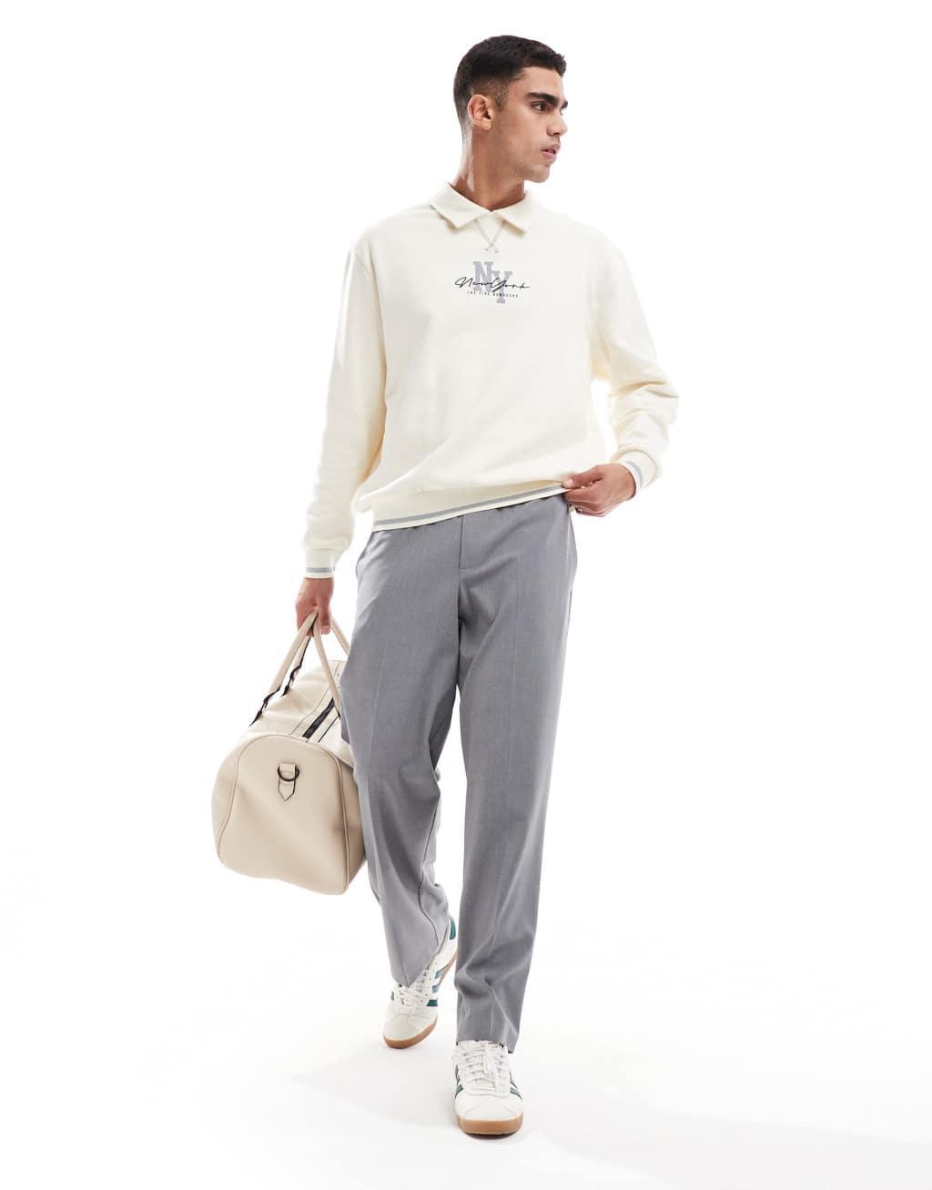 ASOS DESIGN oversized polo sweatshirt with NY print in beige Product Image
