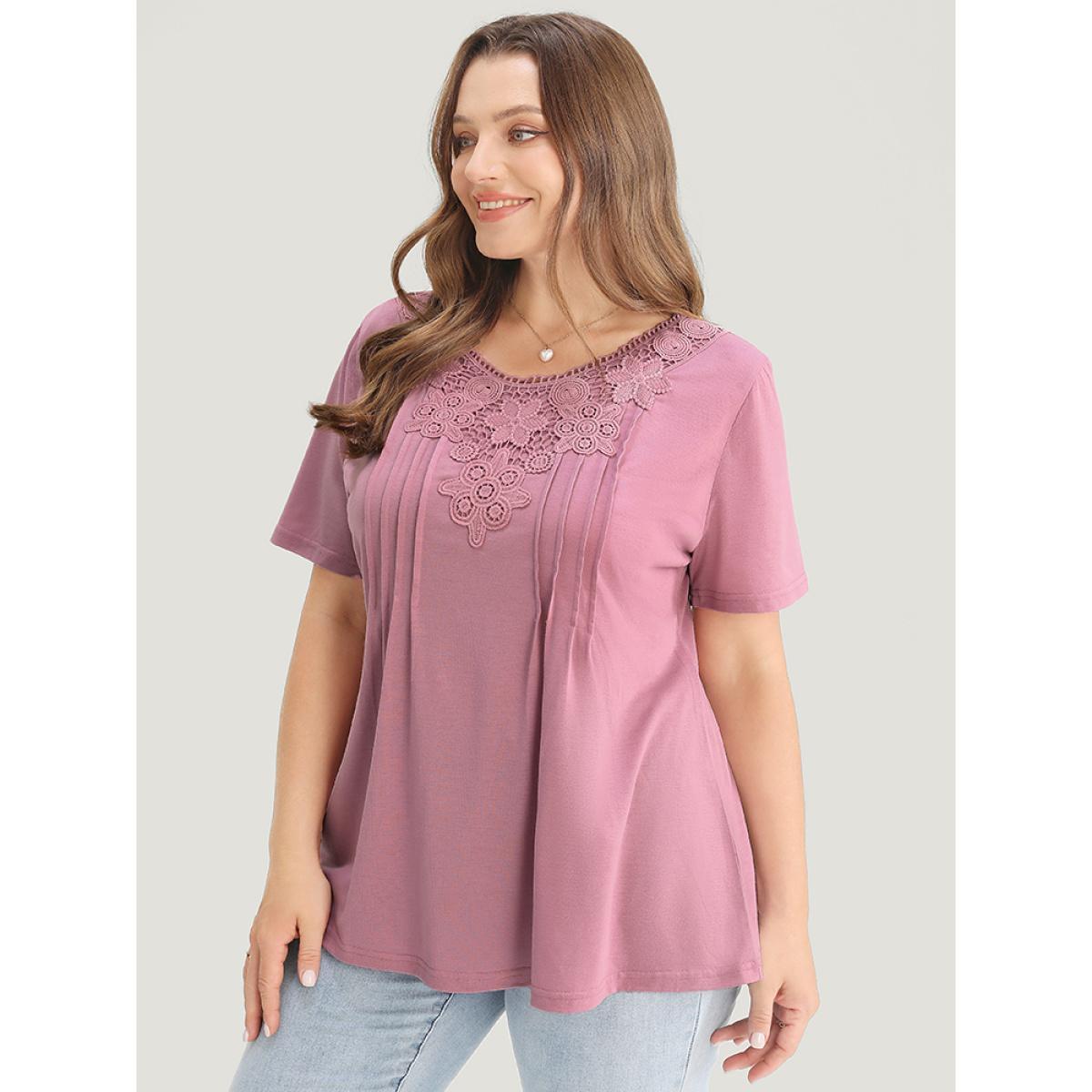 Plus Size Solid Floral Patchwork Pleated Front T-shirt Lilac Women Elegant Plain Round Neck Dailywear T-shirts BloomChic 14-16/1X Product Image