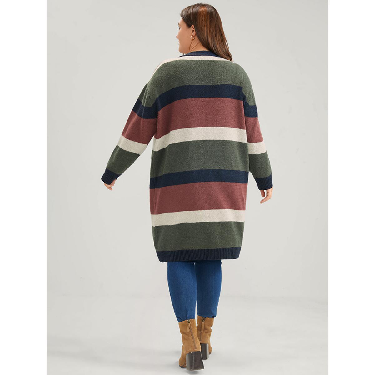 Plus Size Colorblock Contrast Pointelle Knit Heather Open Front Long Cardigan Multicolor Women Casual Loose Long Sleeve Dailywear Cardigans BloomChic 18-20/2X Product Image