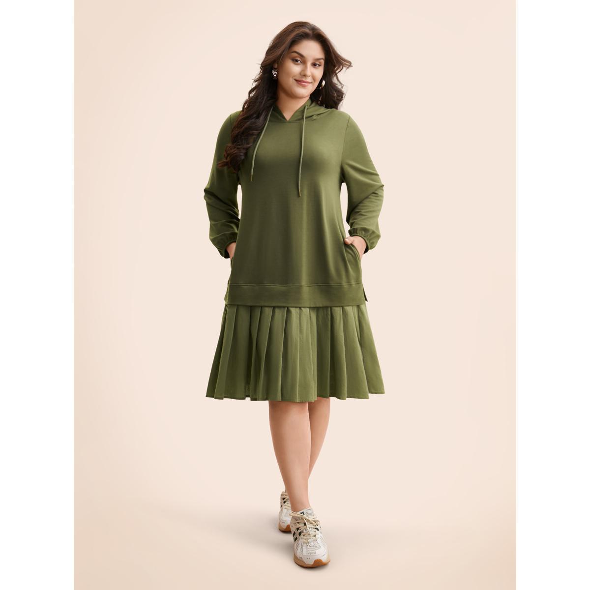 Plus Size Patchwork Pleated Hooded Drawstring Dress ArmyGreen Women Casual Pleated Hooded Long Sleeve Curvy BloomChic 30/6X Product Image