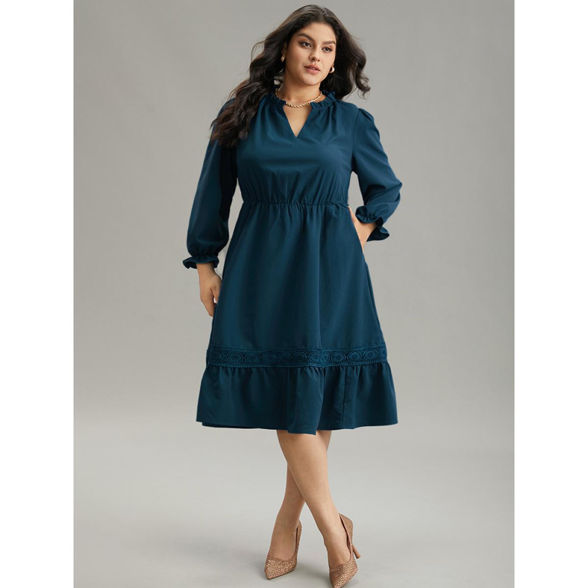 Plus Size Solid Frill Trim Guipure Lace Flutter Sleeve Dress Black Women At the Office Plain Notched collar Long Sleeve Curvy Midi Dress BloomChic 22-24/3X Product Image
