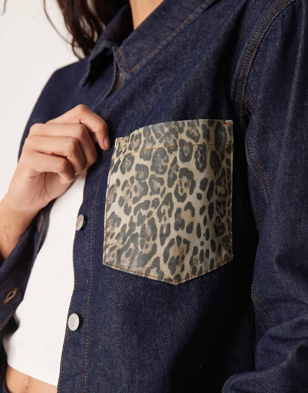 ASOS DESIGN denim oversized shirt with leopard print pocket in indigo Product Image