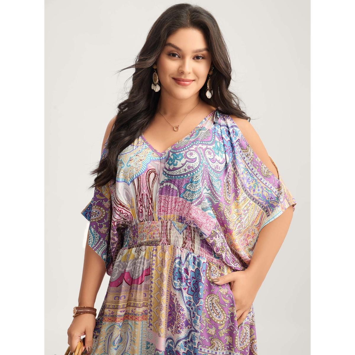 Plus Size Boho Collage Off-Shoulder Maxi Dress Multicolor Women Deep V-neck Short sleeve Curvy BloomChic 10/M Product Image
