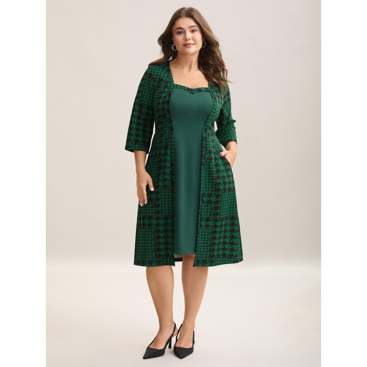 Plus Size Houndstooth Print Waist-Cinched Patchwork Midi Dress DarkGreen Women At the Office Patchwork Knit Dresses Bloomchic 14-16/1X Product Image