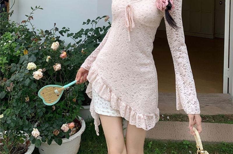 Spaghetti Strap Floral Lace Trim Mini Bodycon Dress / Flared-Sleeve V-Neck Asymmetrical Lace Blouse / Set Product Image