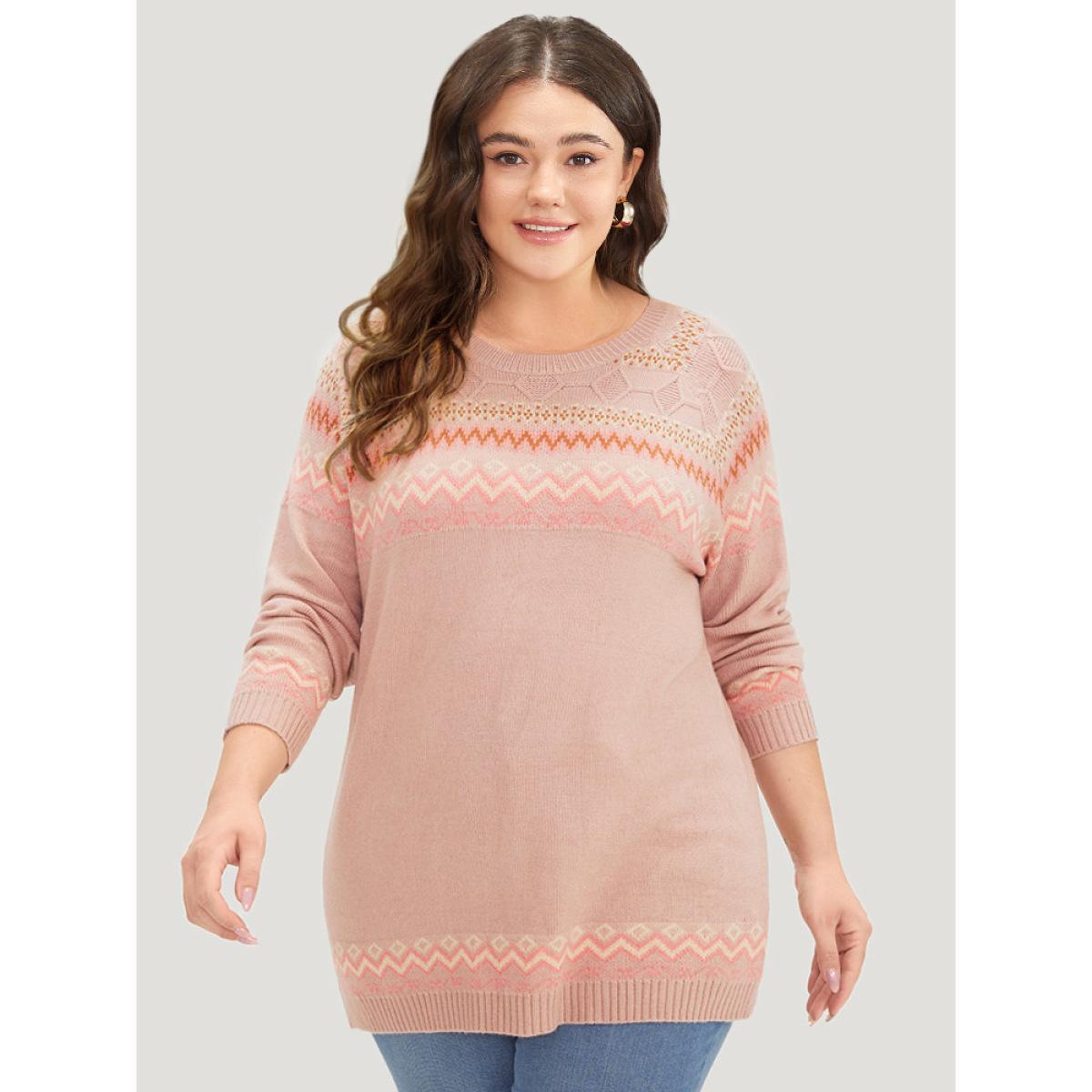 Plus Size Supersoft Essentials Geometric Graphic Plisse Pullover Crepe Women Casual Loose Long Sleeve Round Neck Dailywear Pullovers BloomChic 26/4X Product Image