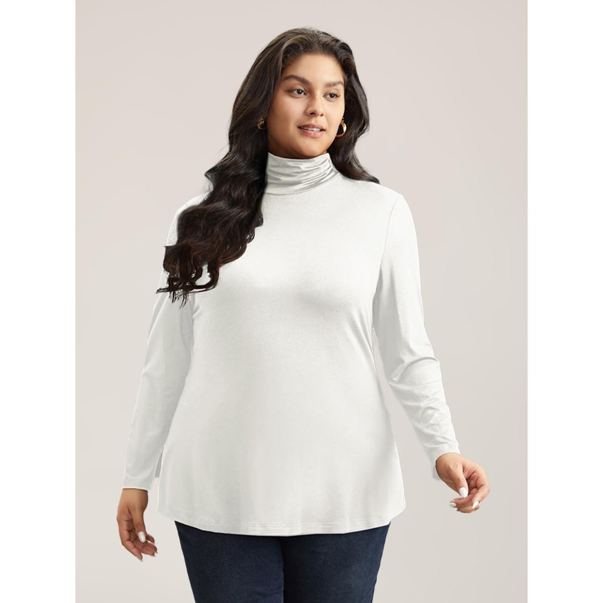 Plus Size Supersoft Essentials Solid Funnel Neck Knit T-shirt White Women Elegant Plain Plain Ruffled collar Bodycon Dailywear T-shirts BloomChic 12/L Product Image