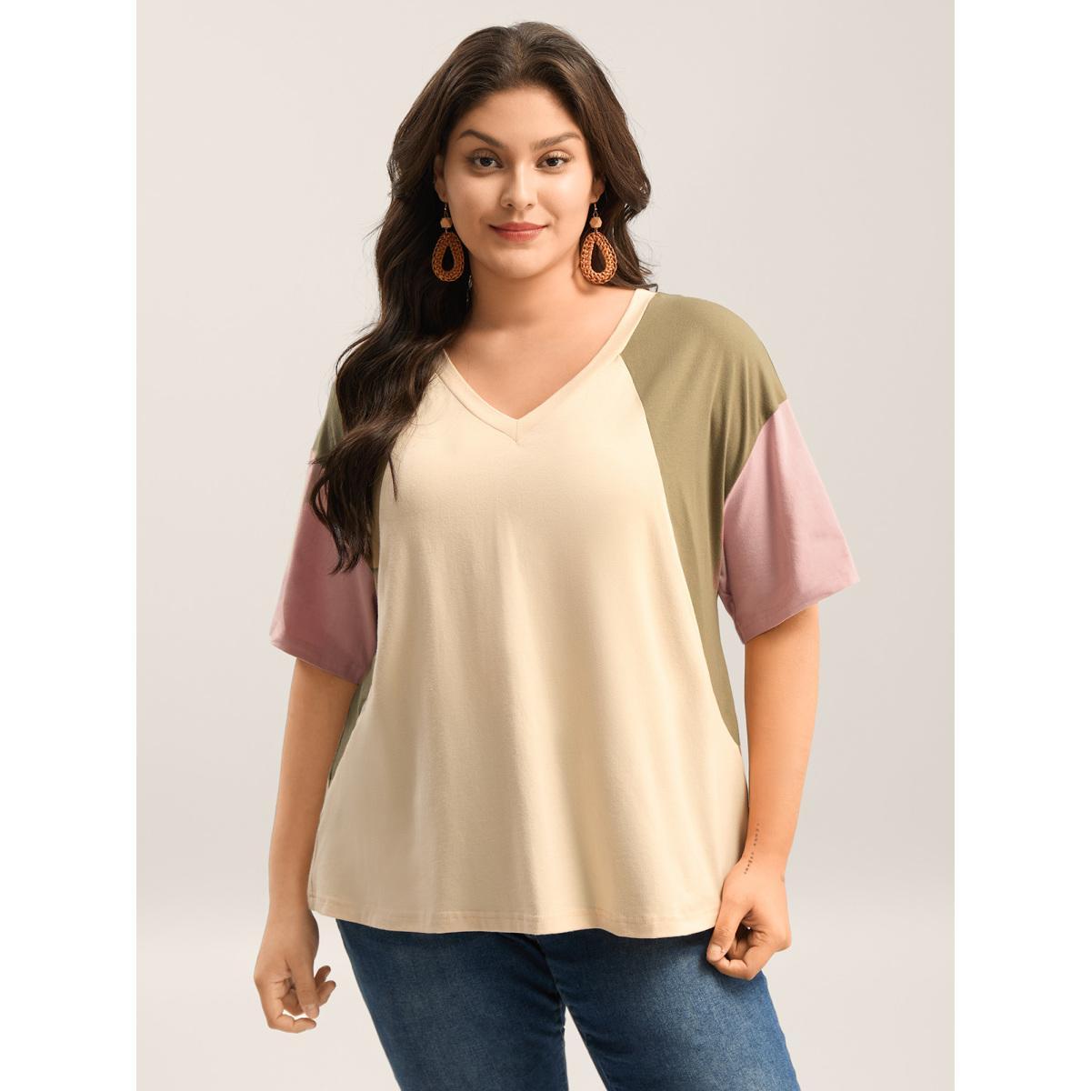 Plus Size Pure Cotton Color Contrast T-Shirt Apricot Women Contrast V-neck Vacation T-shirts BloomChic 22-24/3X Product Image