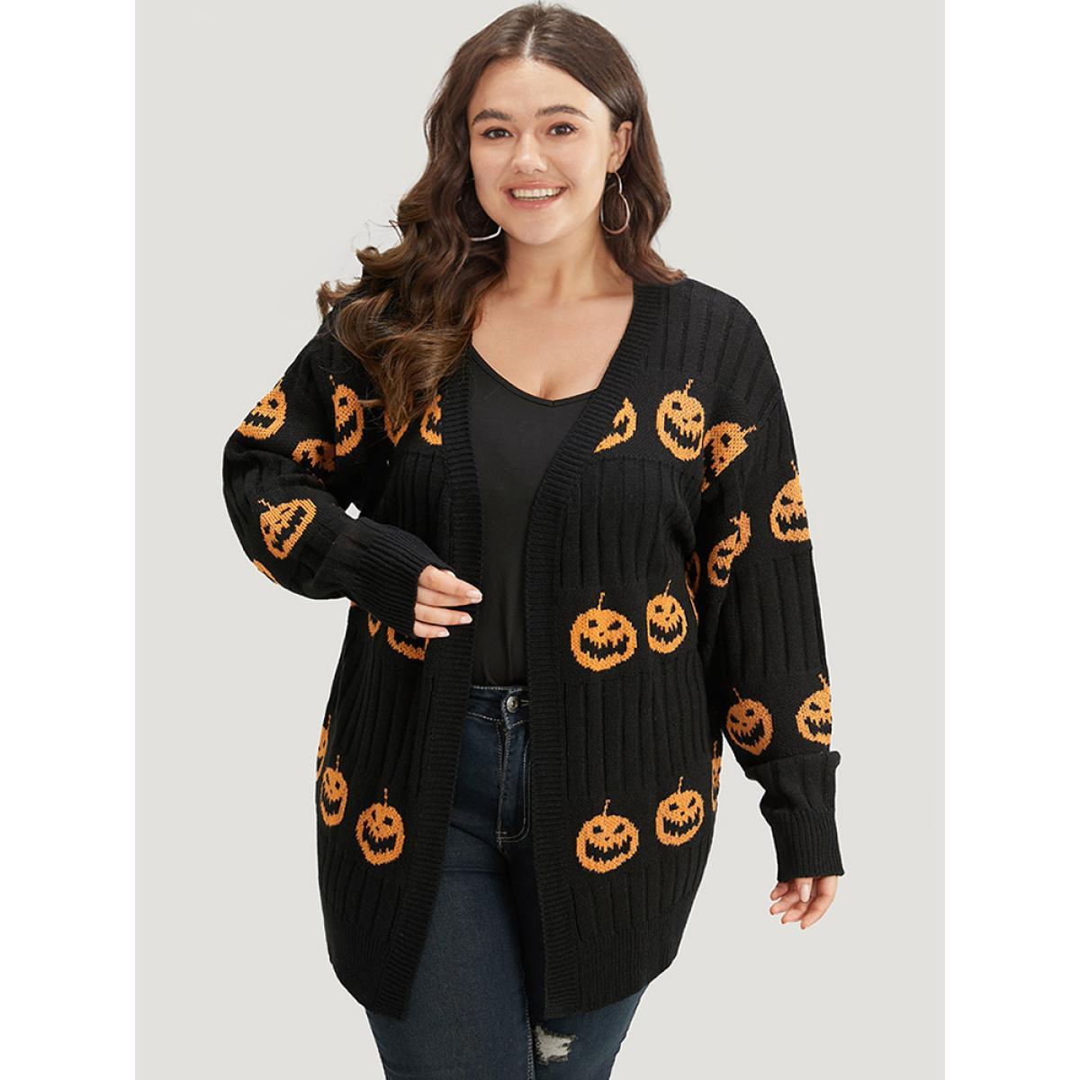 Plus Size Halloween Pumpkin Graphic Open Front Cardigan Black Women Casual Loose Long Sleeve Festival-Halloween Cardigans BloomChic 10/M Product Image