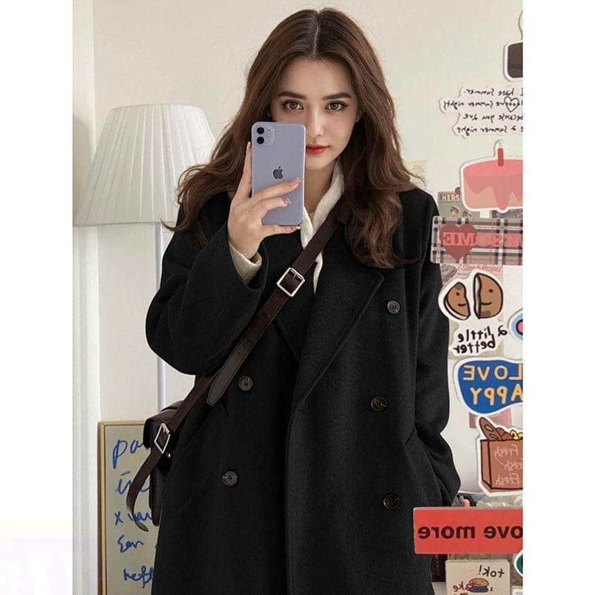 Lapel Collar Plain Double-Breasted Long Coat Product Image