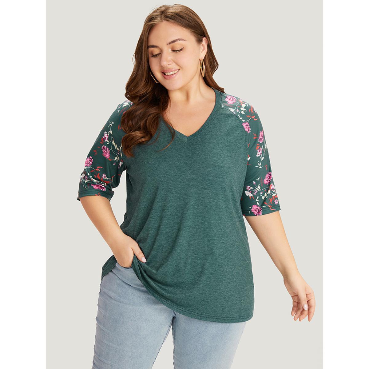 Plus Size Floral Patchwork Raglan Sleeve T-shirt DarkGreen Women Elegant Patchwork Floral V-neck Work T-shirts BloomChic 26/4X Product Image