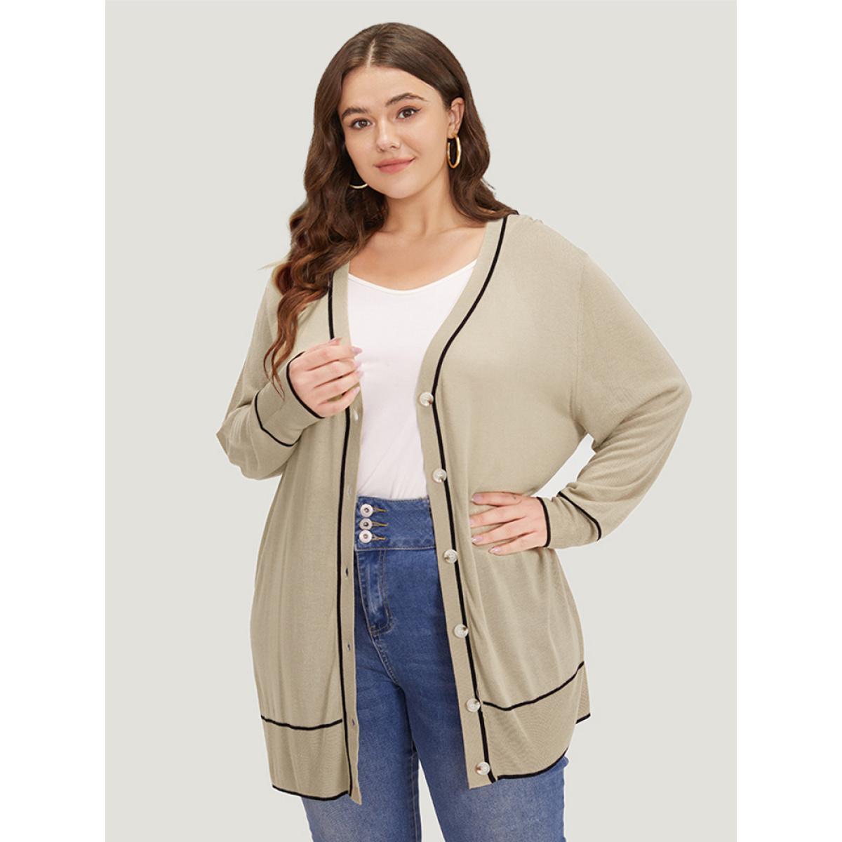 Plus Size Supersoft Essentials Contrast Trim Button Through Elastic Cuffs Cardigan Champagne Women Casual Loose Long Sleeve Dailywear Cardigans BloomChic 14-16/1X Product Image