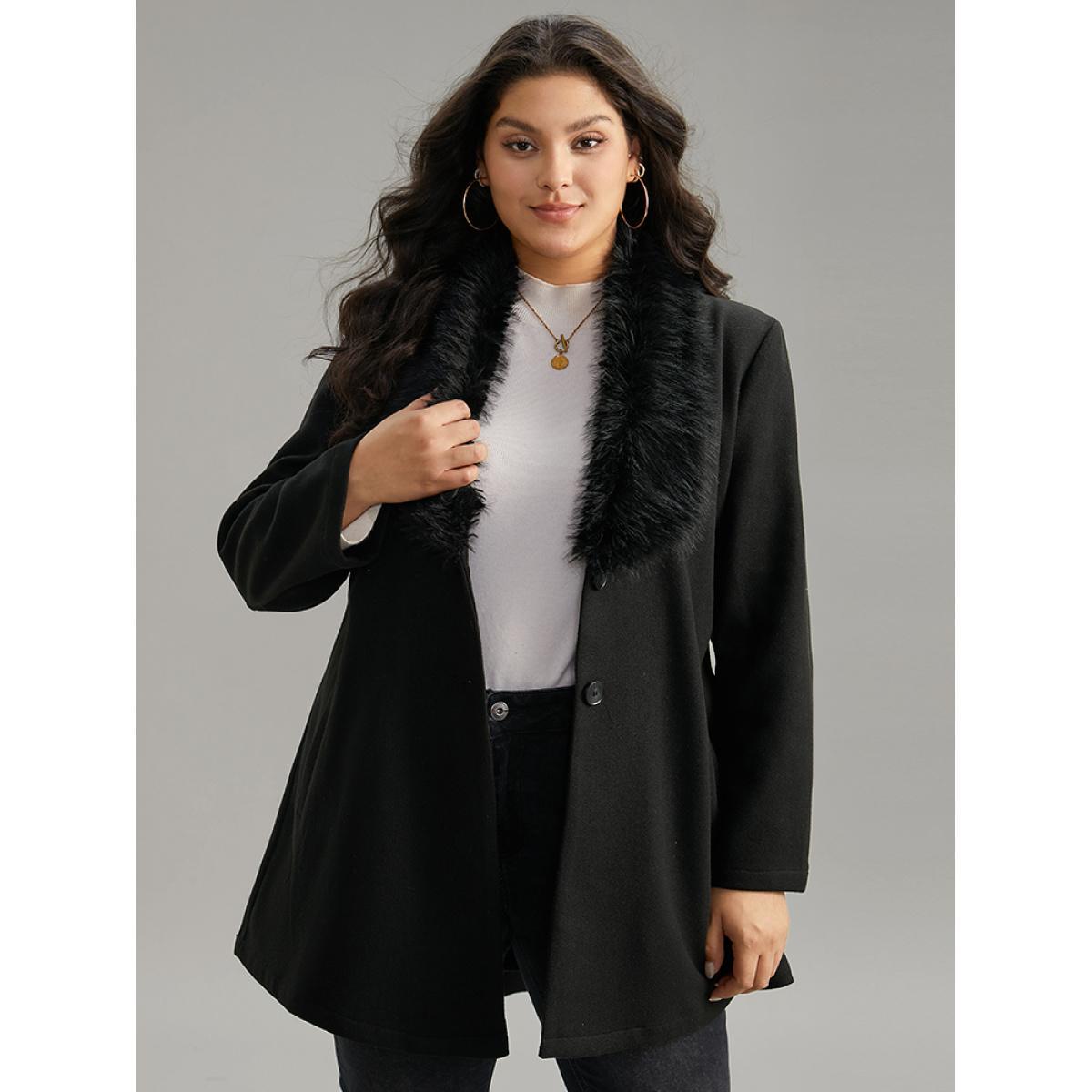 Plus Size Plain Fuzzy Trim Patchwork Belted Coat Women Black Casual Plain Ladies Dailywear Winter Coats BloomChic 18-20/2X Product Image