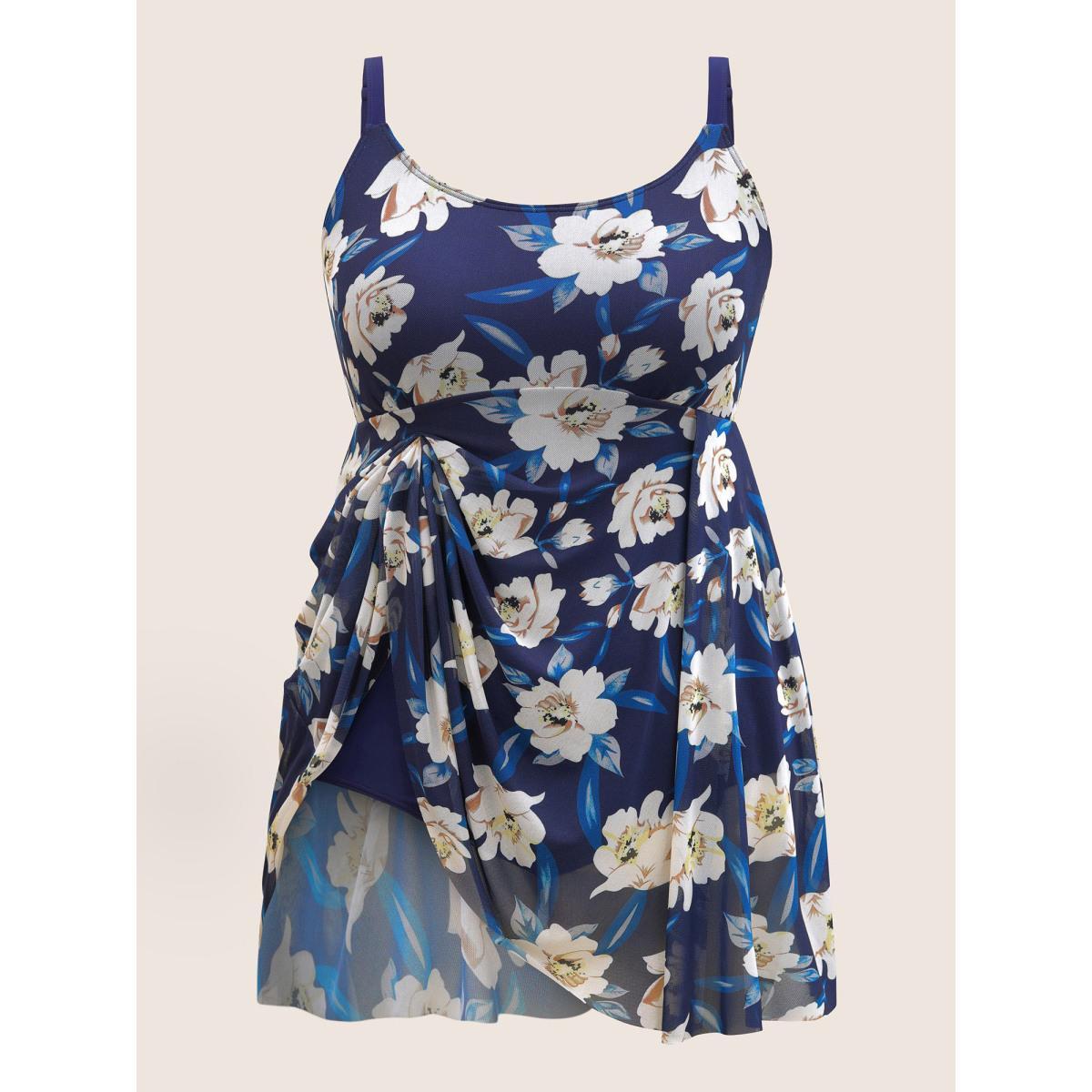 Plus Size Floral Adjustable Straps Split Hem Swim Dress Women's Swimwear Indigo Beach Bodycon U-neck High stretch Curve Swim Dresses BloomChic 30/6X Product Image