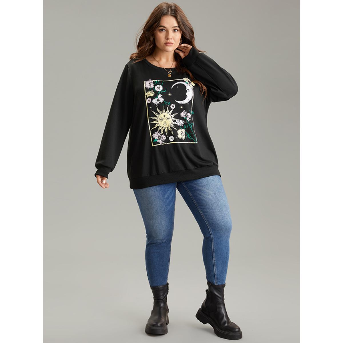 Plus Size Horoscope Print Rib Knit Round Neck Sweatshirt Women Black Casual Rib Knit Dailywear Sweatshirts BloomChic 14-16/1X Product Image