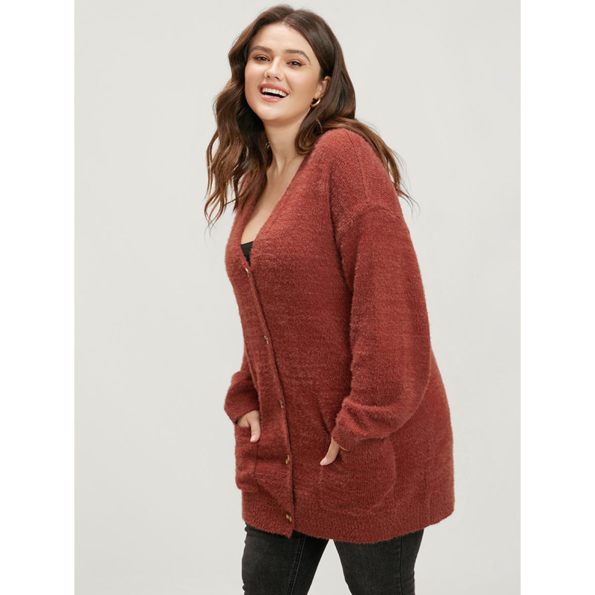 Plus Size Solid Pointelle Knit Pocket Button Front Heather Cardigan Maroon Women Casual Loose Long Sleeve Dailywear Cardigans BloomChic 28/5X Product Image