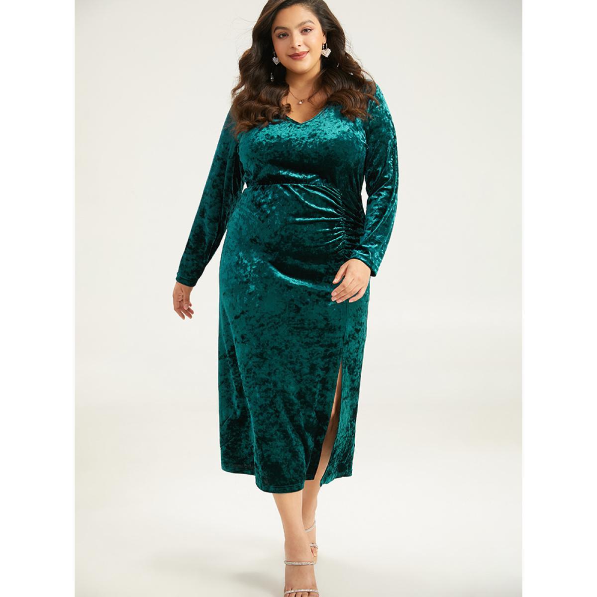 Plus Size Velvet Solid Ruched Long Sleeve Dress DarkGreen Women Glamour Gathered V-neck Long Sleeve Curvy Midi Dress BloomChic 22-24/3X Product Image