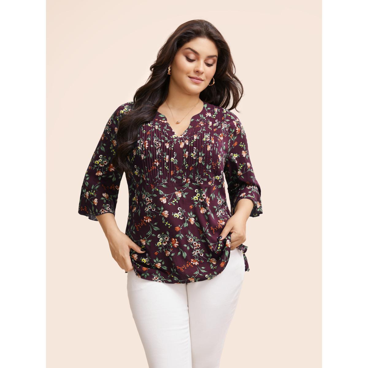 Plus Size Plum Ditsy Floral Pleated Flutter Sleeve Blouse Women Elegant Elbow-length sleeve Flat collar with V-notch Everyday Blouses BloomChic 22-24/3X Product Image