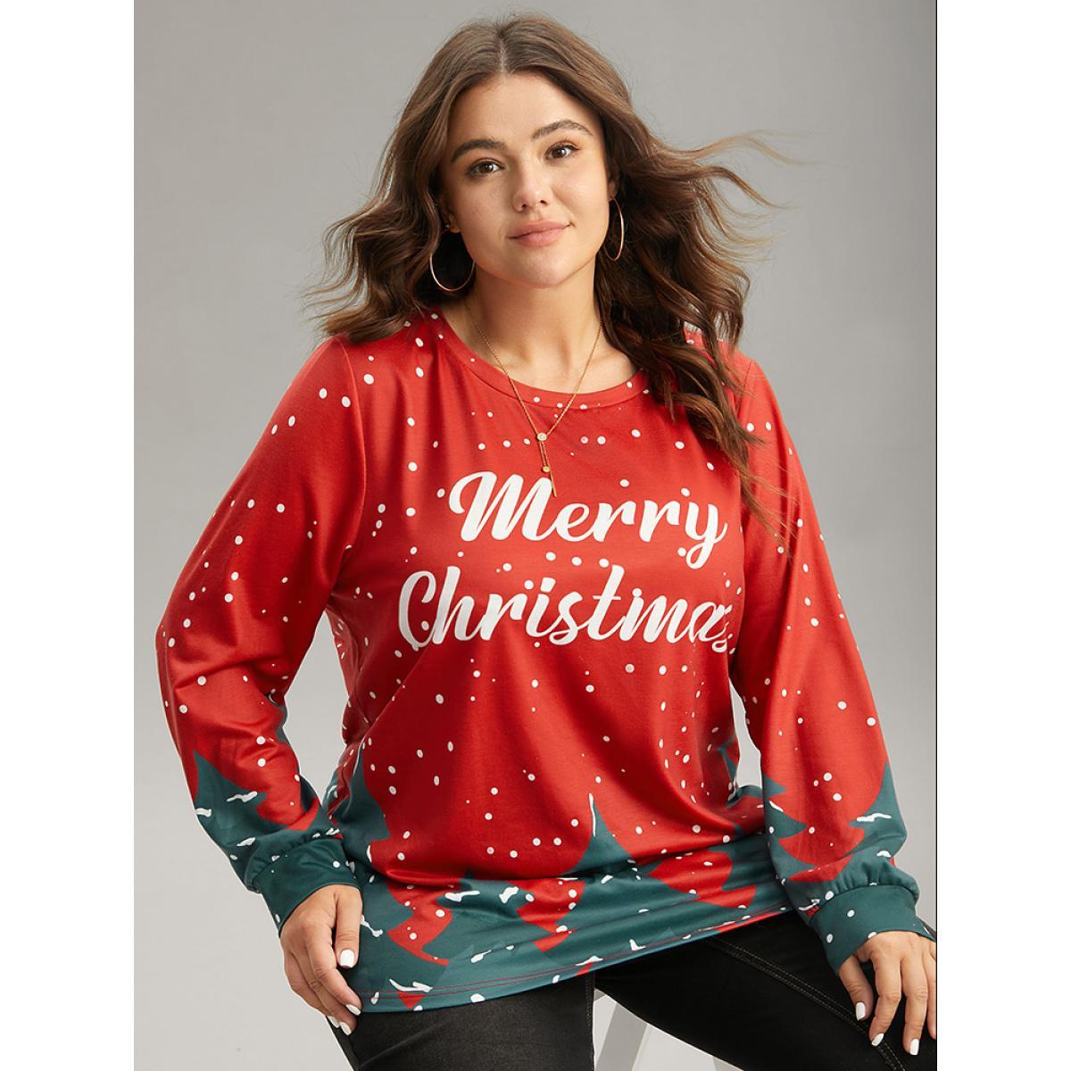 Plus Size Christmas Trees Snowflake Round Neck Sweatshirt Women Red Casual Contrast Festival-Christmas Sweatshirts BloomChic 30/6X Product Image