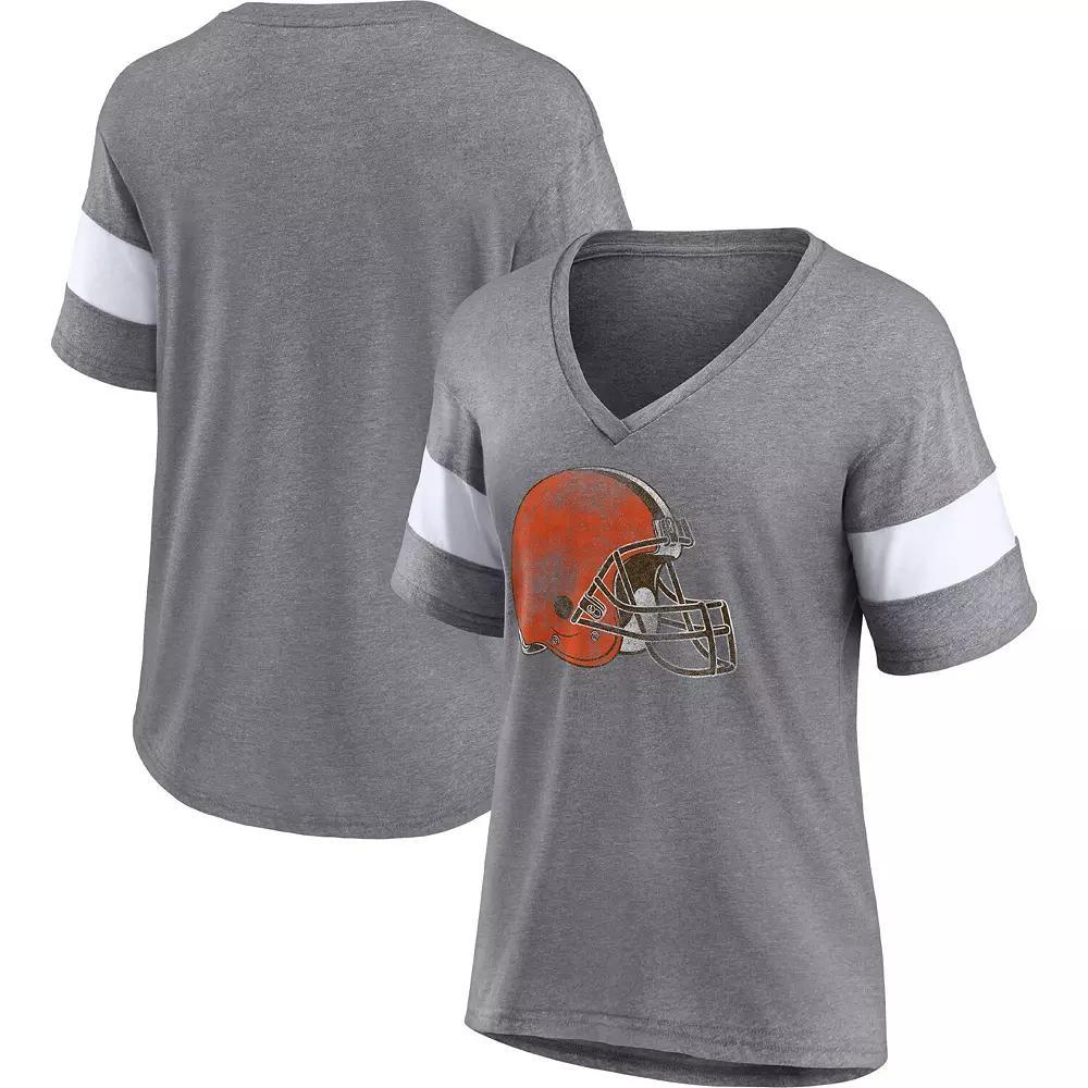 Women's Fanatics Branded Heathered Gray/White Cleveland Browns Distressed Team Tri-Blend V-Neck T-Shirt, Size: Small, Grey Product Image