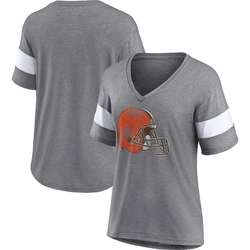 Women's Fanatics Branded Heathered Gray/White Cleveland Browns Distressed Team Tri-Blend V-Neck T-Shirt, Size: Small, Grey Product Image