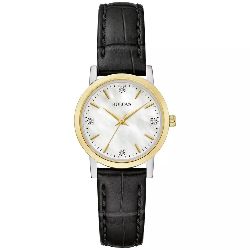 Bulova Womens Classic Two-Tone Stainless Steel Diamond Accent Black Leather Strap Watch - 98P225 Product Image