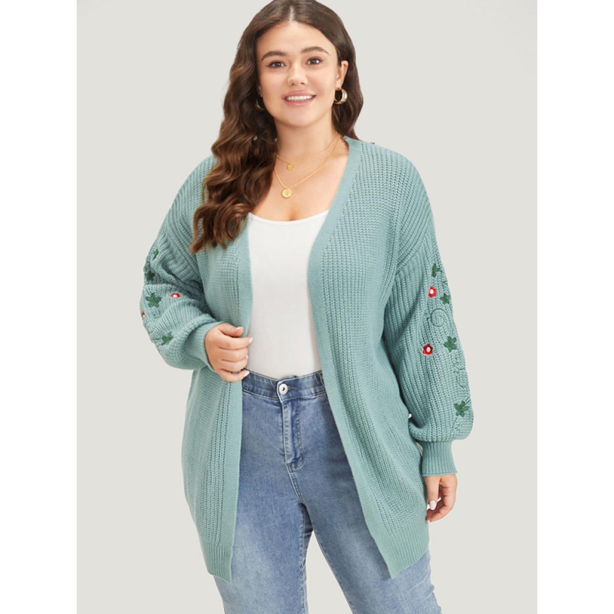 Plus Size Floral Embroidered Lantern Sleeve Drop Shoulder Cardigan Stone Women Casual Loose Long Sleeve Everyday Cardigans BloomChic 28/5X Product Image