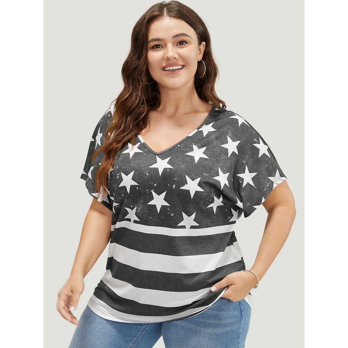 Plus Size Star & Striped Print Batwing Sleeve T-shirt DimGray Women Casual Moon and Star V-neck Everyday T-shirts BloomChic 30/6X Product Image