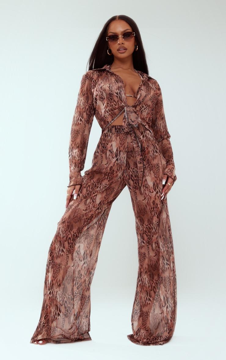 Brown Abstract Print Plunge Tie Front Long Sleeve Shirt Product Image