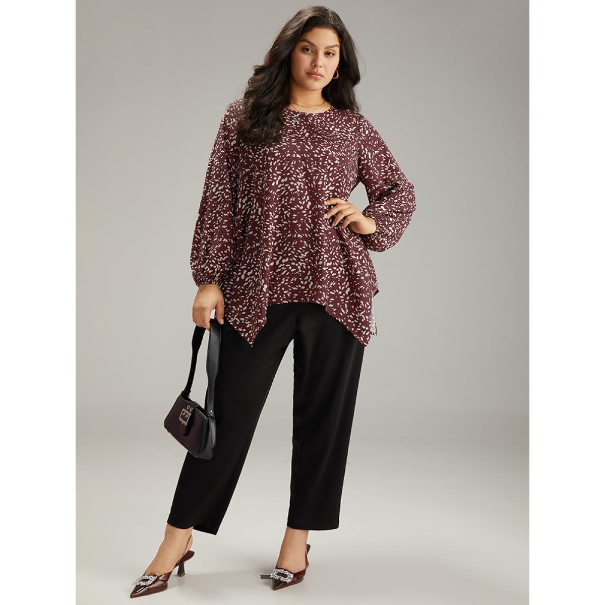 Plus Size Scarlet Water Drop Print Hanky Hem Blouse Women Office Long Sleeve Round Neck Work Blouses BloomChic 30/6X Product Image