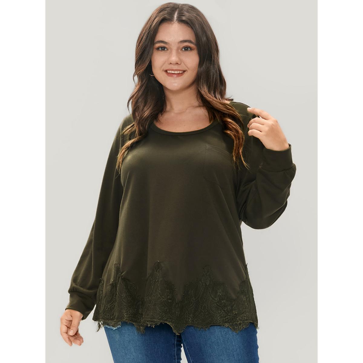 Plus Size Solid Round Neck Pocket Lace Hem Sweatshirt Women ArmyGreen Elegant Patchwork Round Neck Dailywear Sweatshirts BloomChic 10/M Product Image