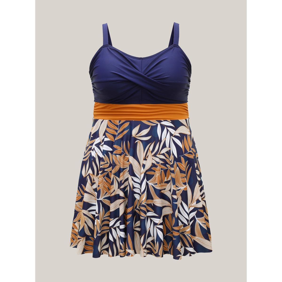 Plus Size Tropical Flower Color Block Swim Dress Women's Swimwear Indigo Beach Bodycon Heart neckline High stretch Curve Swim Dresses BloomChic 14-16/1X Product Image