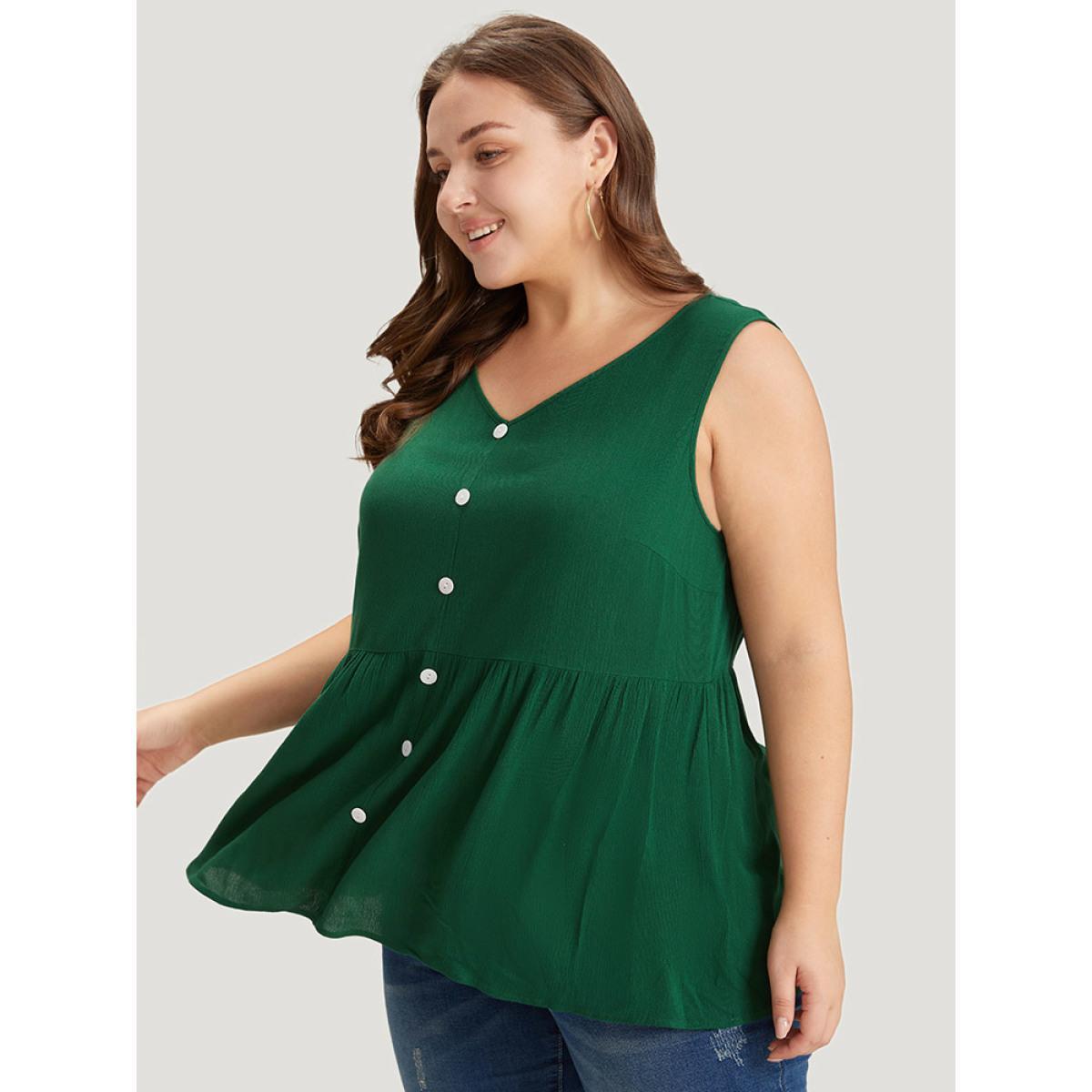 Plus Size Plain Flutter Hem Button Detail Tank Top Women DarkGreen Elegant Button V-neck Dailywear Tank Tops Camis BloomChic 28/5X Product Image