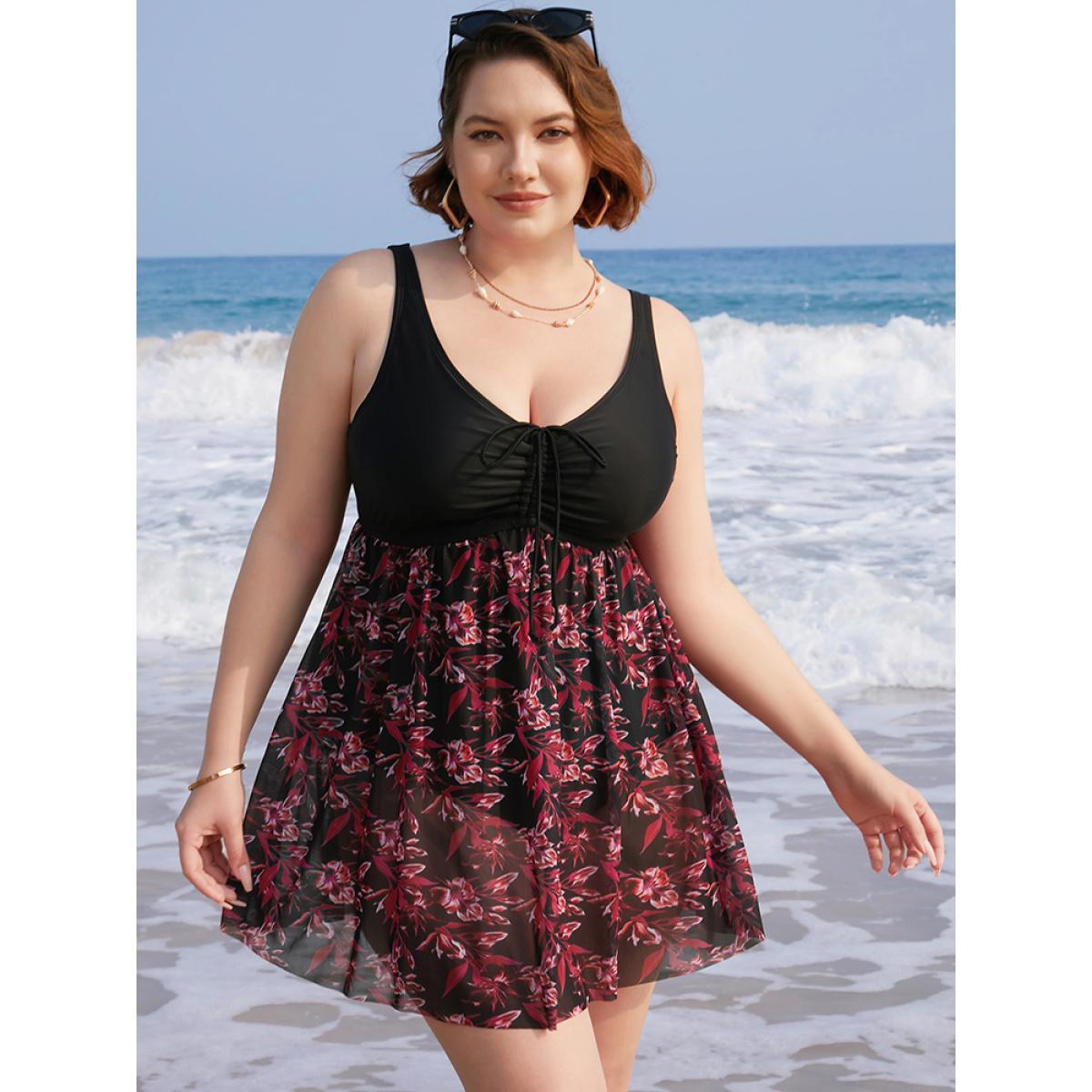Plus Size Plant Print Drawstring Ruffles Ruched A Line Swim Dress Women's Swimwear Black Vacation Bodycon V-neck High stretch Curve Swim Dresses BloomChic 14-16/1X Product Image