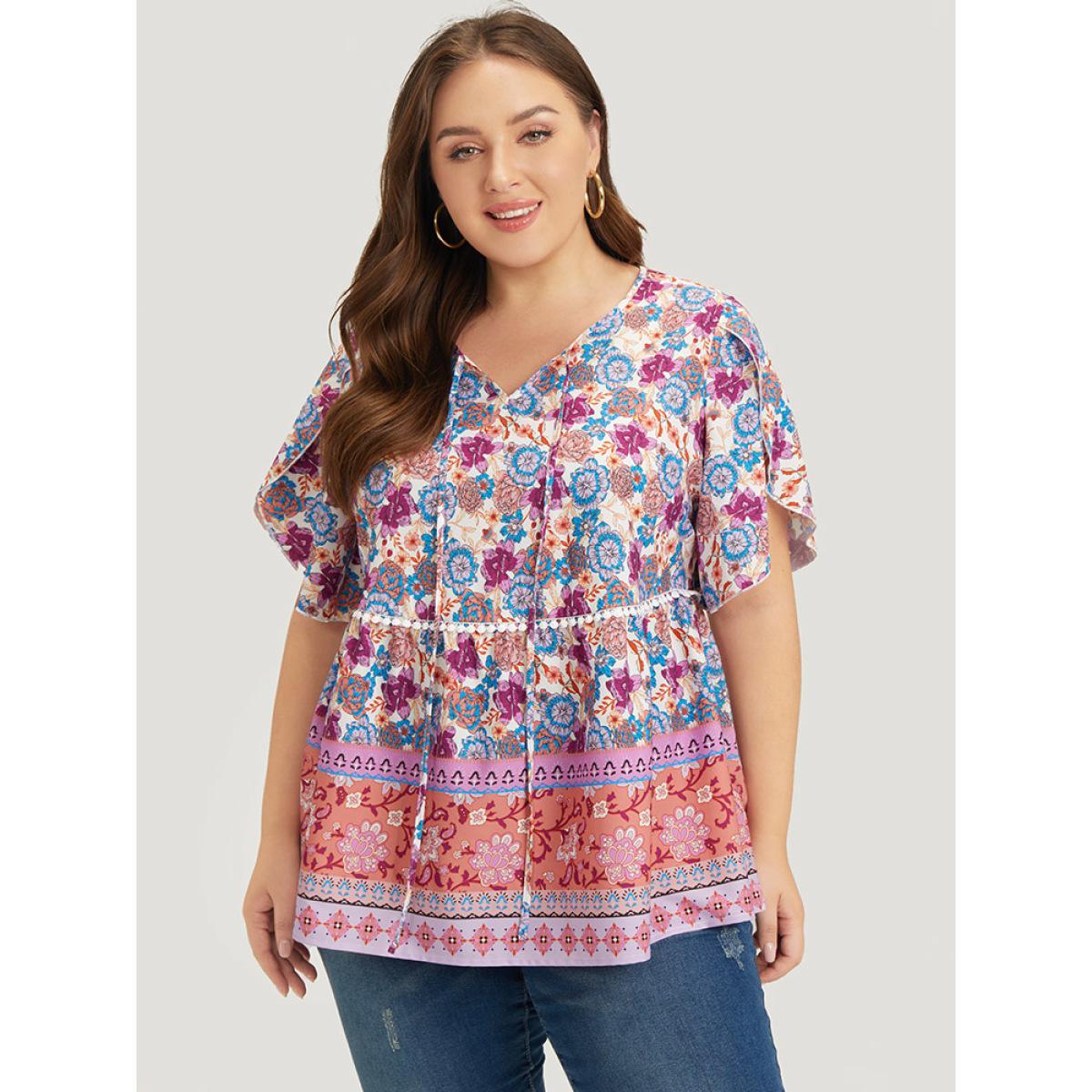 Plus Size Lilac Bandana Print Petal Sleeve Tie Neck Pompom Trim Blouse Women Vacation Short sleeve Tie Neck Dailywear Blouses BloomChic 12/L Product Image