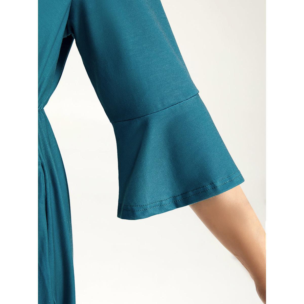 Plus Size Halloween Graphic Pocket Ruffle Trim Gathered Dress Emerald Women Casual Printed V-neck Elbow-length sleeve Curvy Midi Dress BloomChic 18-20/2X Product Image