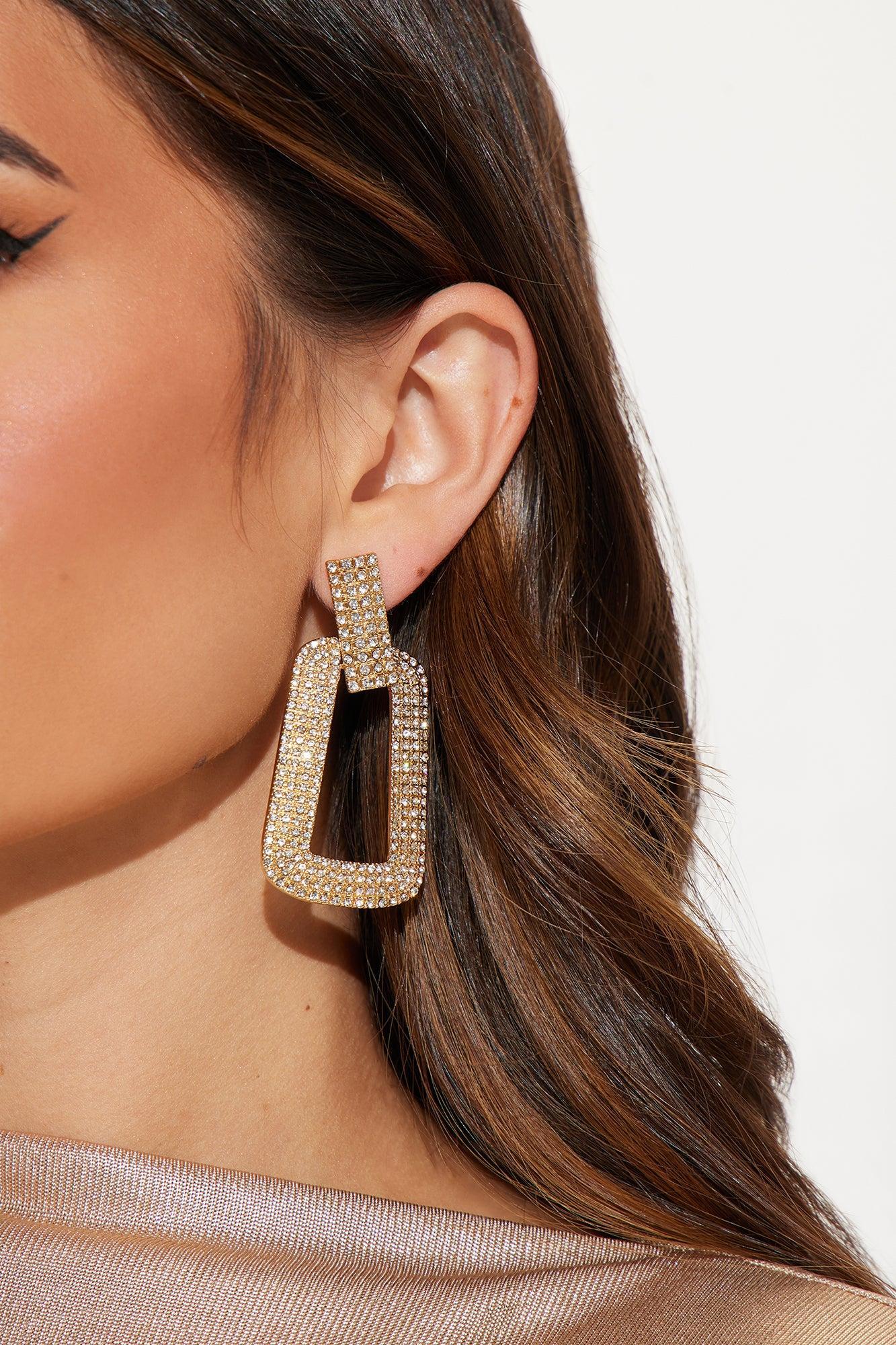 Rhinestone Buckle Drop Earrings - Gold Product Image