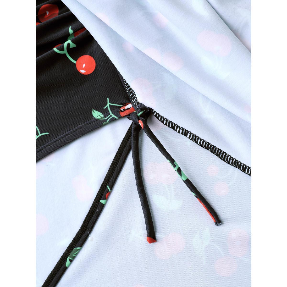 Plus Size Anti-Float Tie Cherry Print Swim Dress Women's Swimwear Black Beach Bodycon Heart neckline High stretch Curve Swim Dresses BloomChic 28/5X Product Image